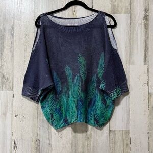 Luisa Ricci Off-the-Shoulder Sweater Navy Green Fern Palm Lightweight